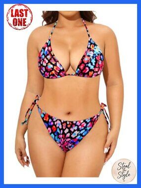 Plus Size String Triangle Bikini Set Halter Side Tie Mid Waist Swimwear
